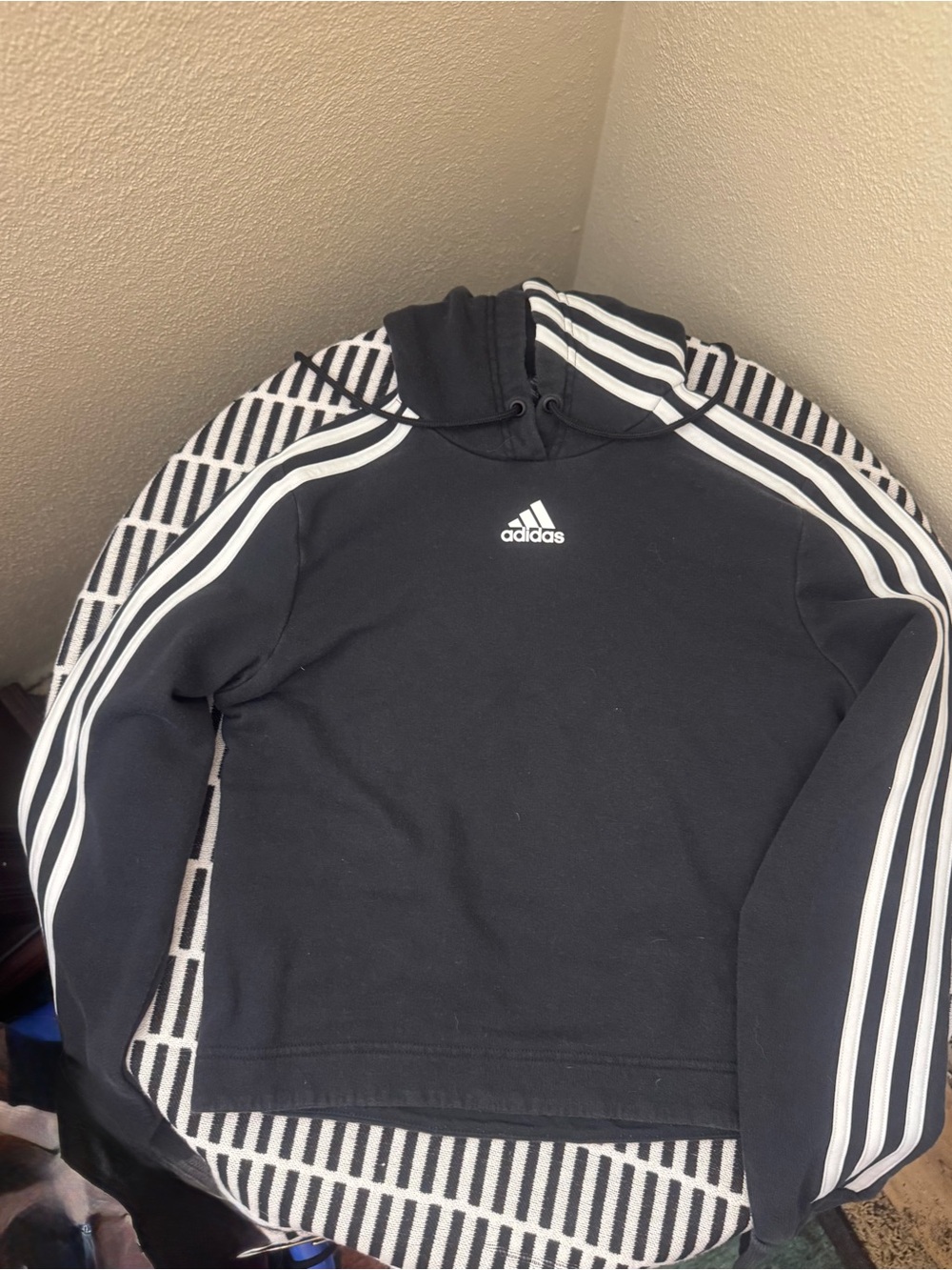 Adidas Crop Black Hoodie with White Three-Stripes